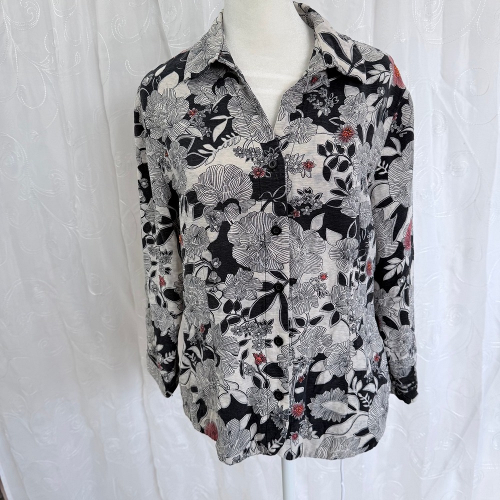Sag Harbor Womens 100% Silk Floral Beaded Button Front Blouse Black White Red 12